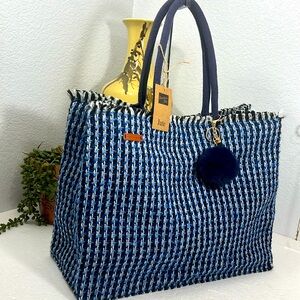 JUTE COCO BLUE PLAID SHOPPER  SNAP CLOSURE TRAVEL TOTES BAG HANDMADE